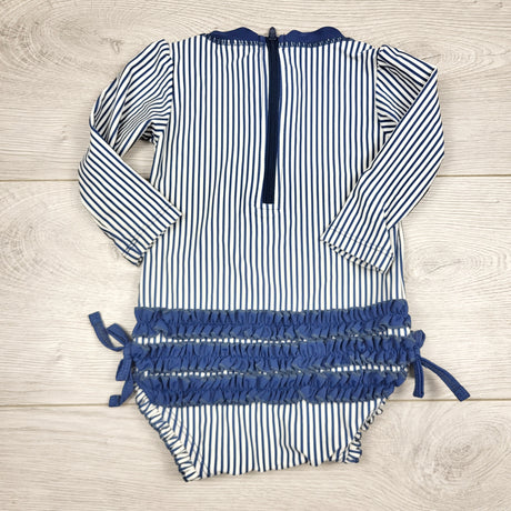 DMKY22 - Ruffle Butts navy striped long sleeved swimsuit. Size 6-12 months