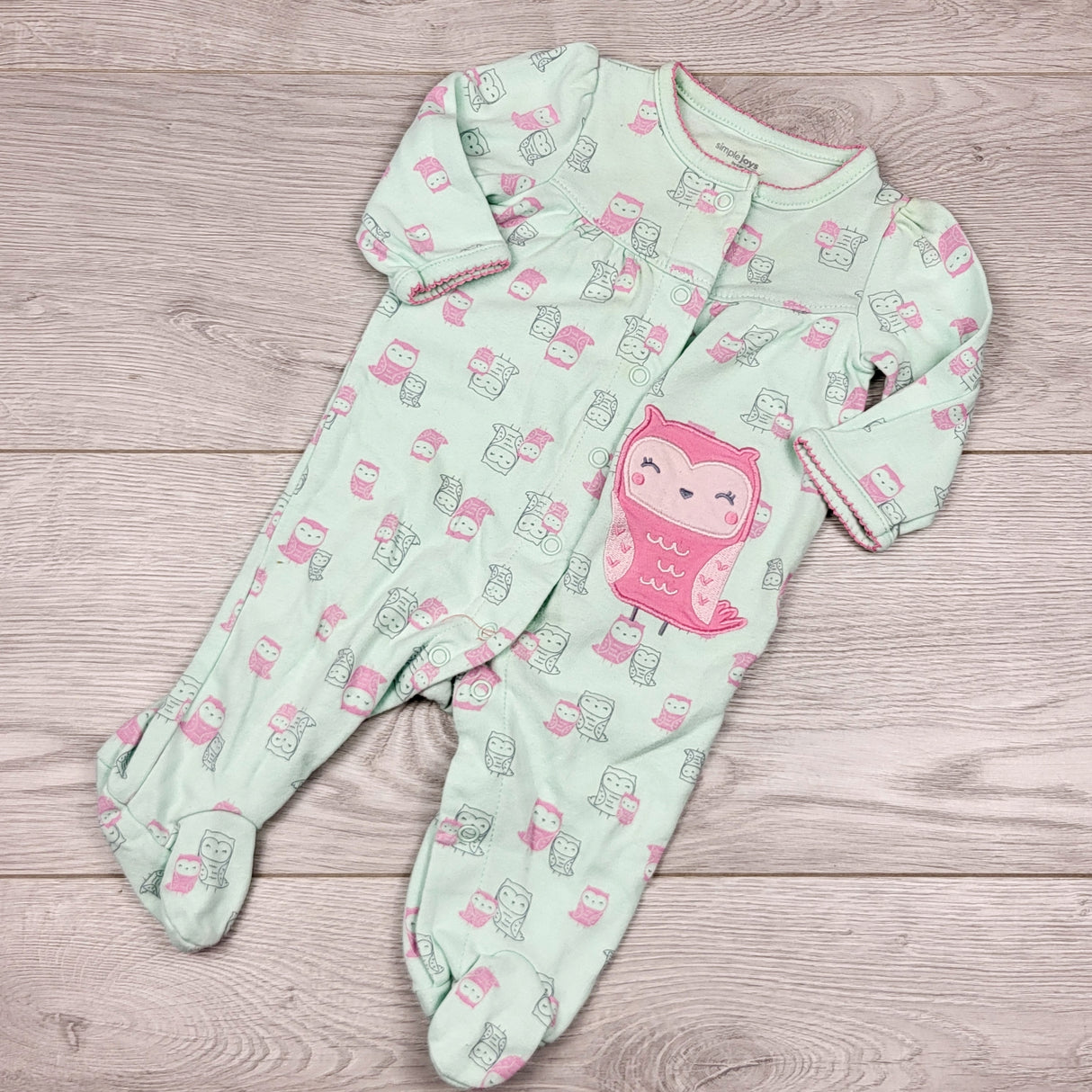 CCRT2 - Simple Joys mint cotton sleeper with owls. Size 0-3 months