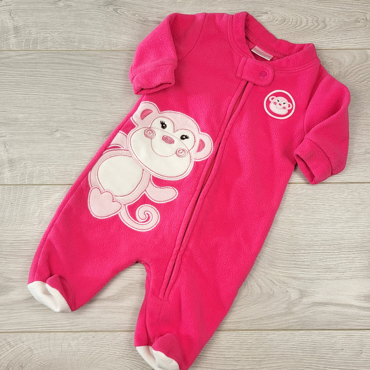 CCRT2 - Baby Boots pink zippered fleece sleeper with monkey. Newborn size