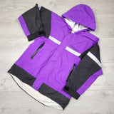 JDUN1 - OAKI purple and black hooded rain coat with reflective strips. Size 8/9