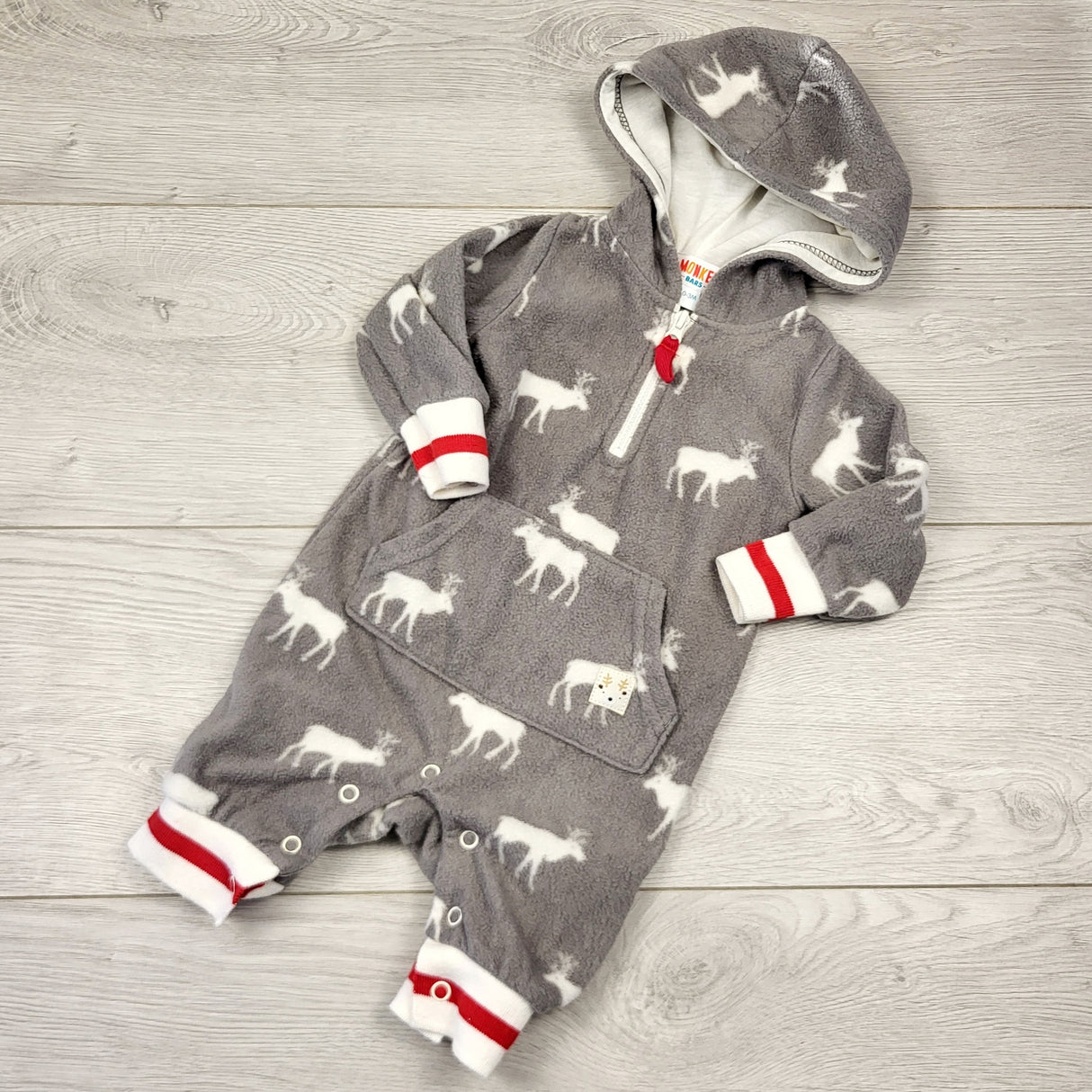 STFT22 - Monkey Bars grey fleece hooded moose romper. Size 0-3 months