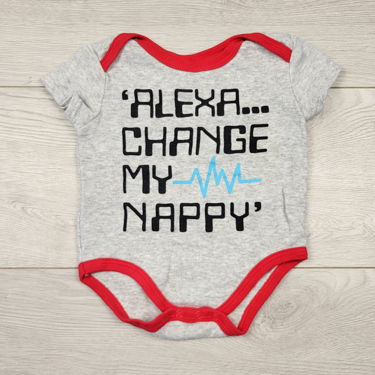 STFT22 - Monkey Bars grey "Alexa Change my Nappy" bodysuit. Size 3-6 months