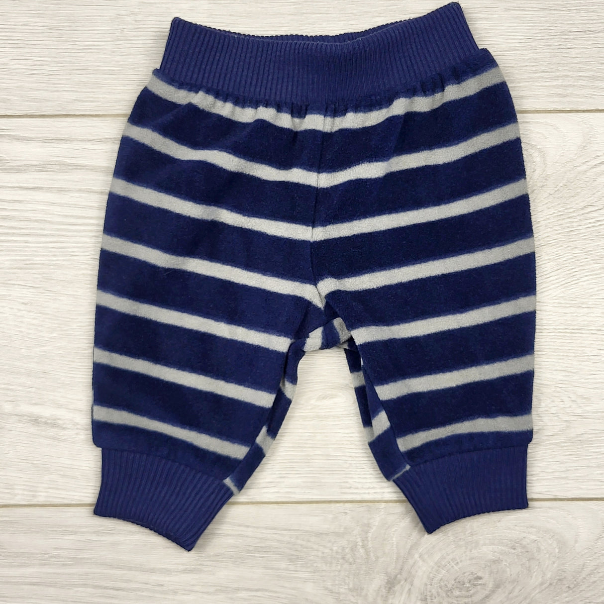 STFT22 - Simple Joys navy and grey striped fleece pants. Newborn size