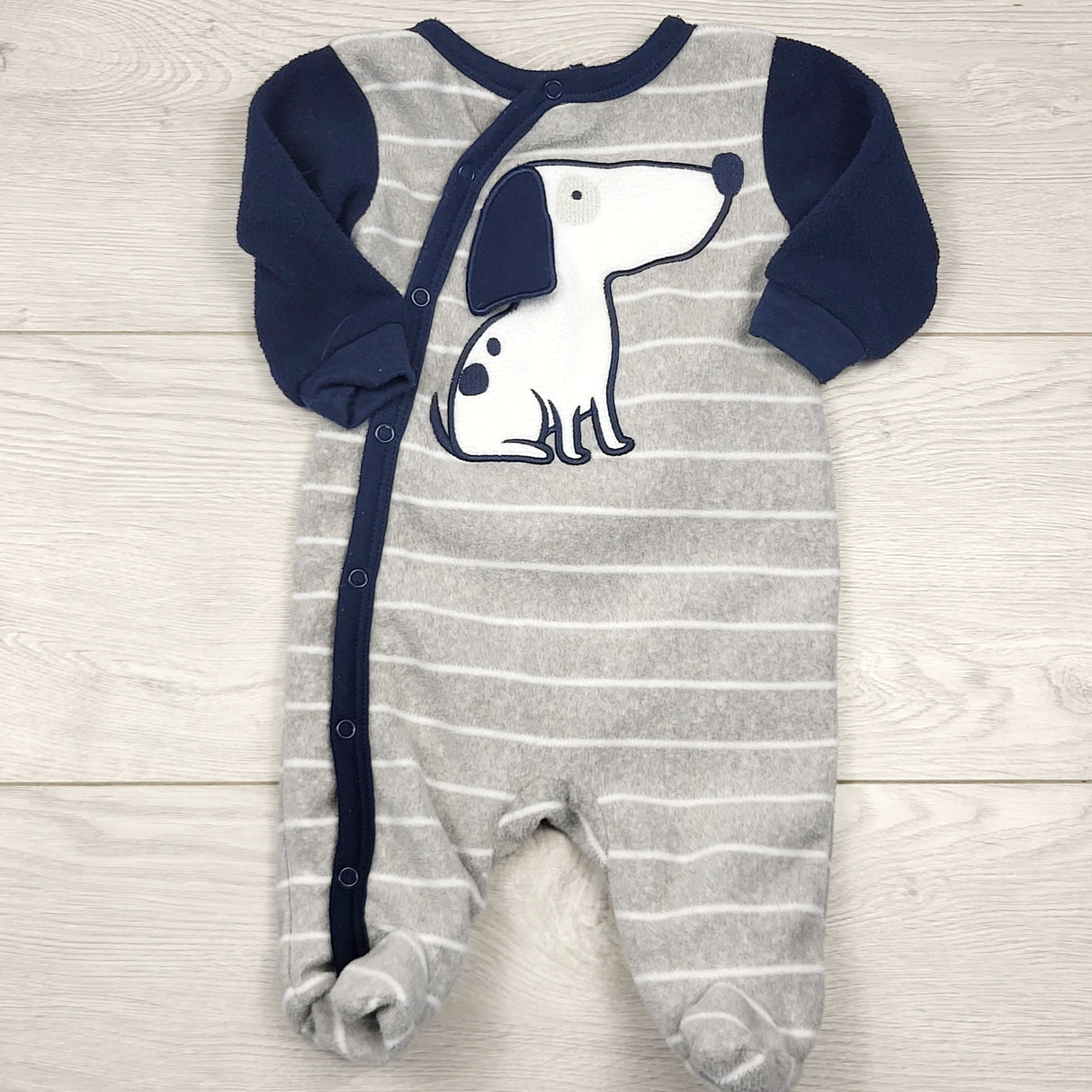 STFT22 - Grey grey striped fleece sleeper with dog. Newborn size