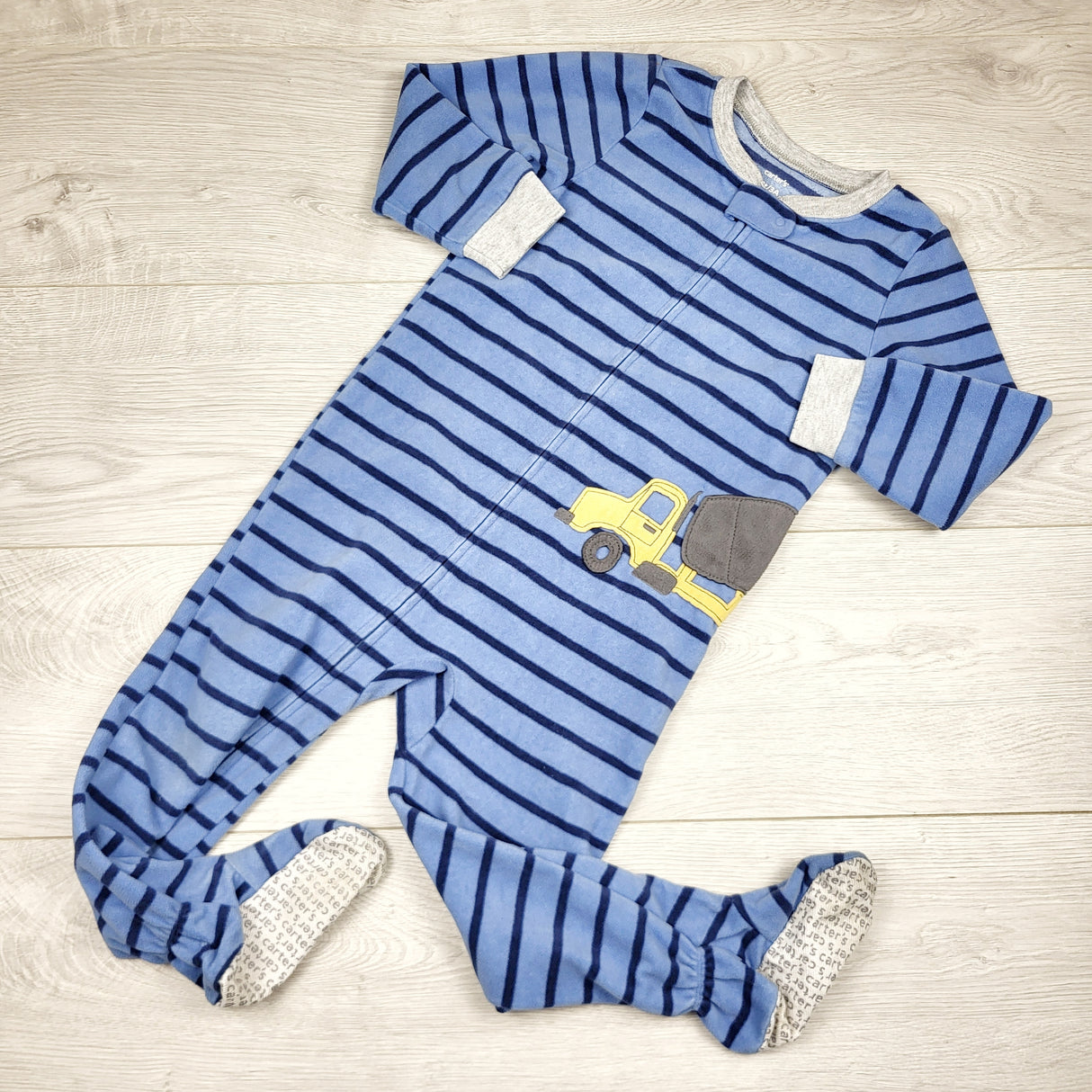 PETP1 - Carters blue striped zippered fleece sleeper with cement truck. Size 3T