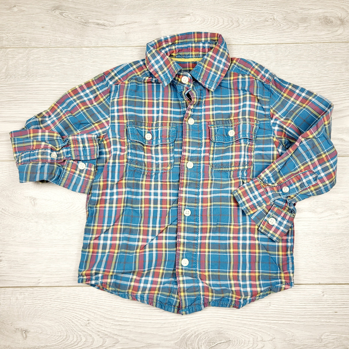 PETP1 - Carters teal plaid long sleeved button down shirt. Size 3T