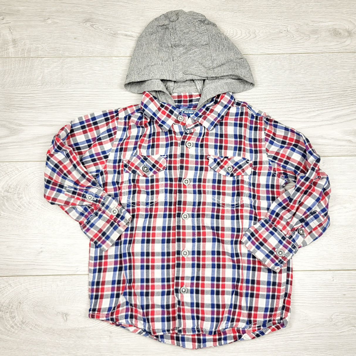 PETP1 - Old Navy plaid hooded button down shirt. Size 3T