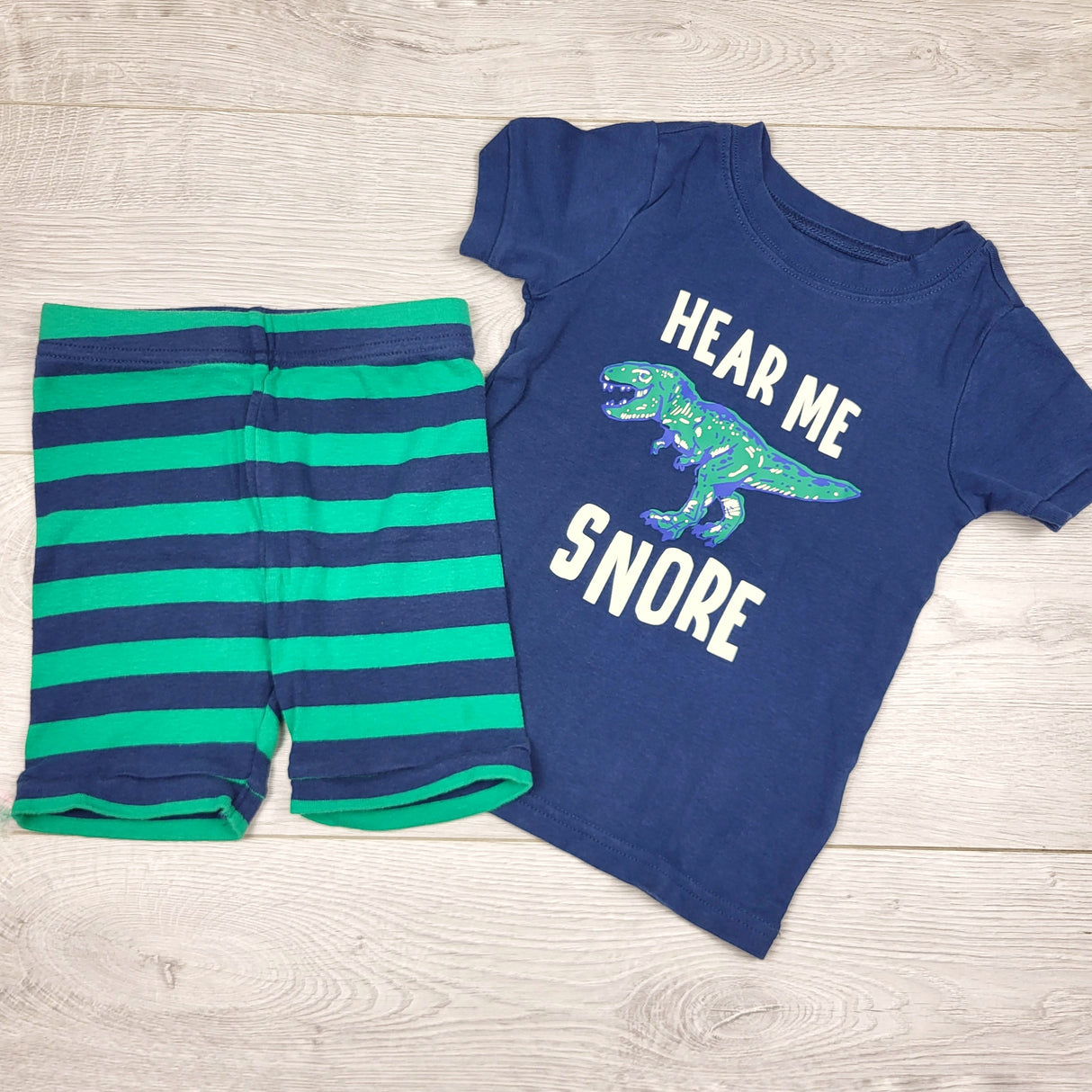 PETP1 - Old Navy green and navy 2pc "Hear Me Snore" PJs. Size 3T