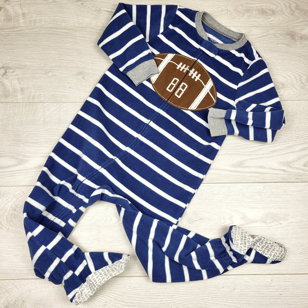 PETP1 - Carters navy striped zippered fleece sleeper with football. Size 3T