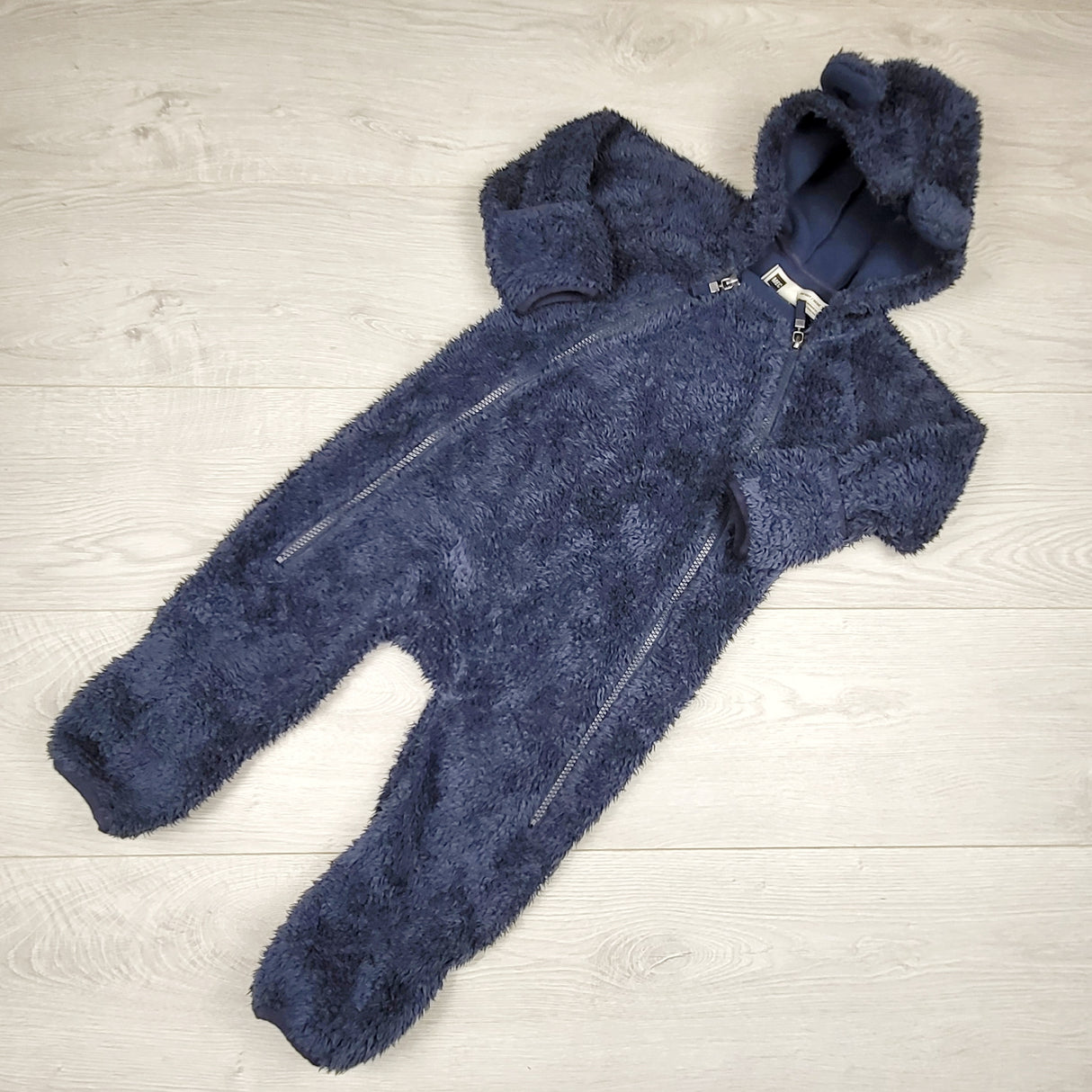 HWIL1 - MEC navy fleece lined faux fur bunting suit. Size 12 months