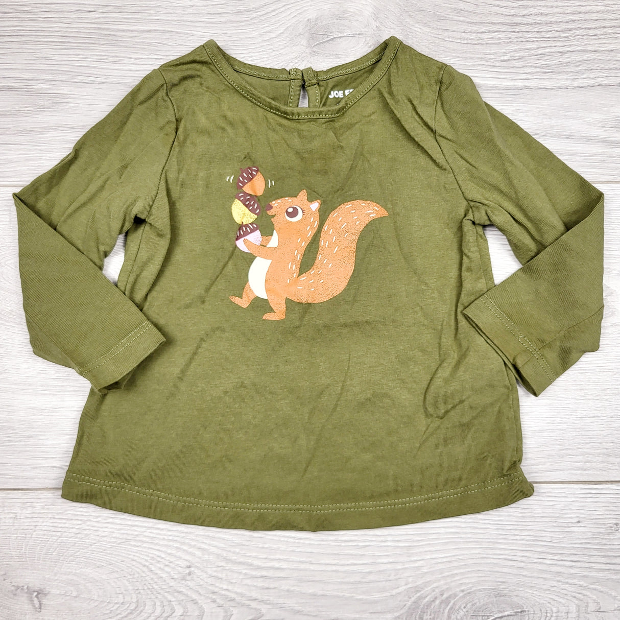 BVRN44 - Joe green long sleeved top with squirrel. Size 6-12 months