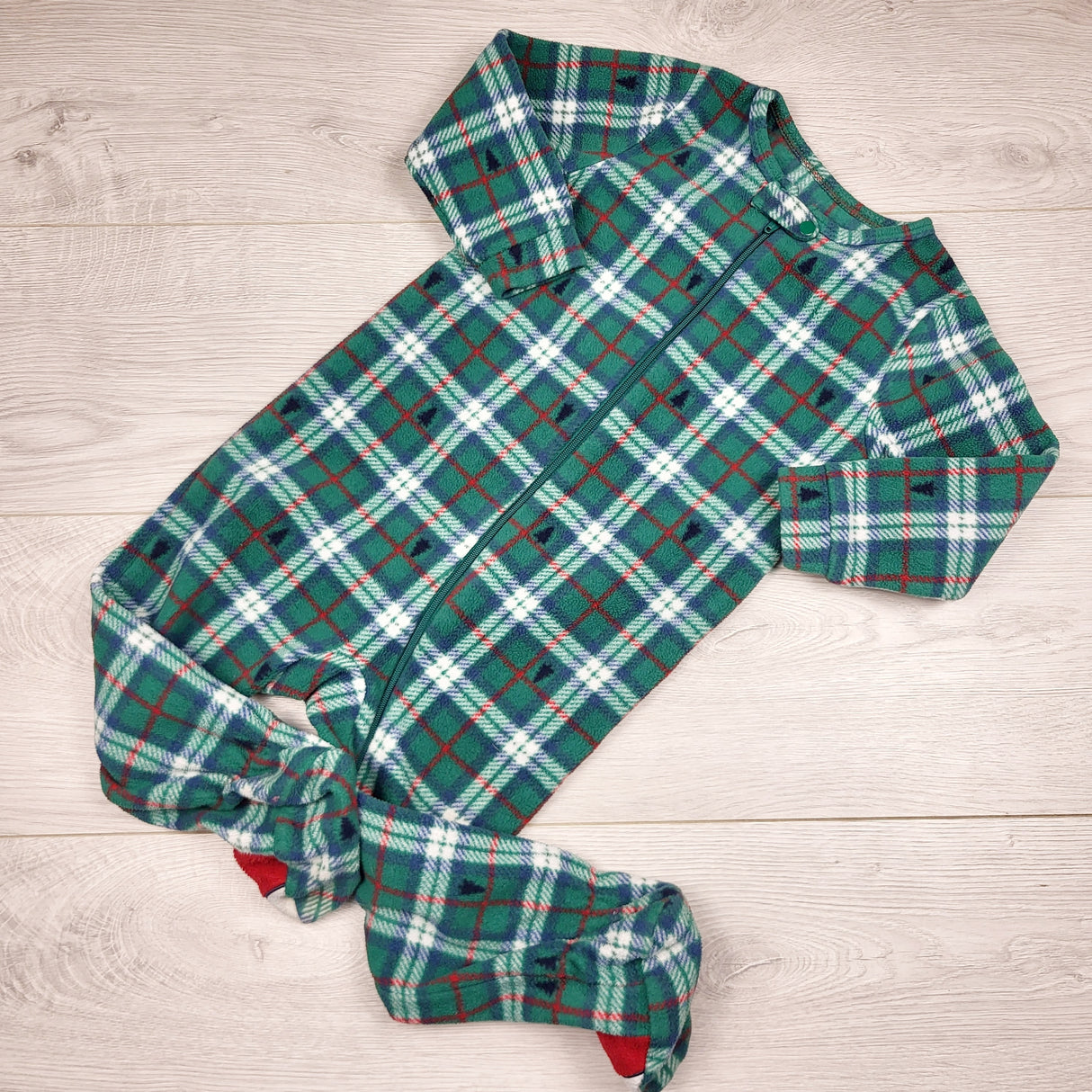 JMCL3 - Joe green plaid zippered fleece sleeper. Size 18-24 months