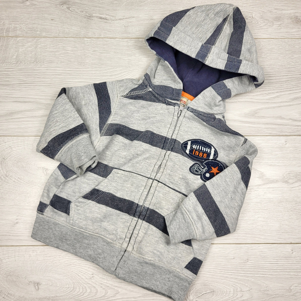 JMCL3 - Kids Headquarters grey striped zip up cotton hoodie. Size 18 months