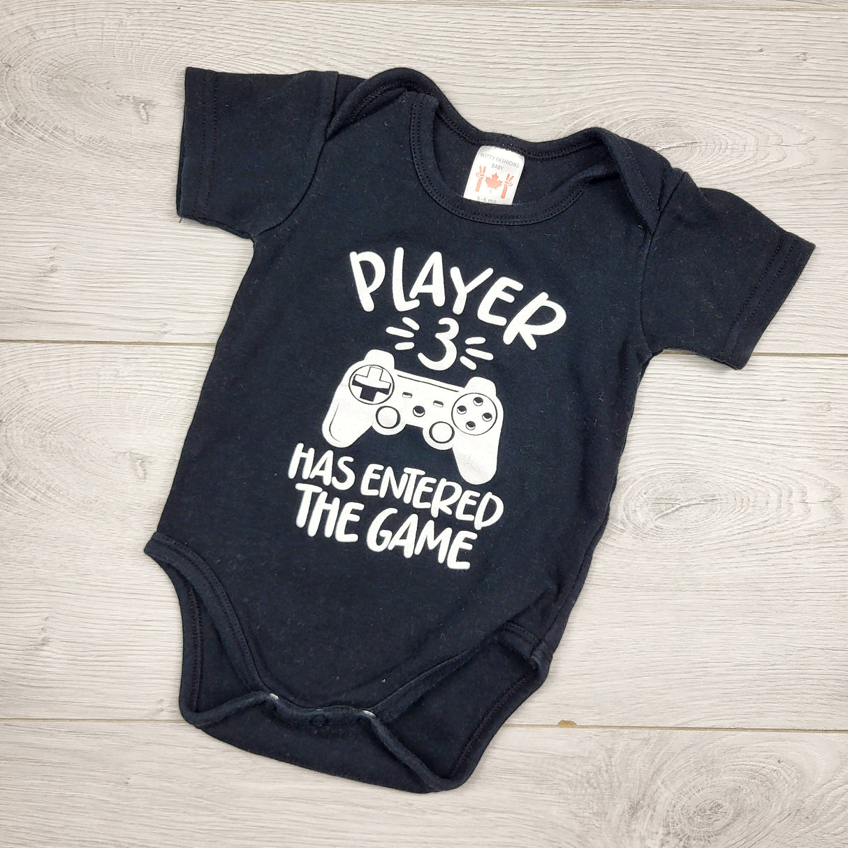 KHEN2 - Black "Player 3 Has Entered The Game" bodysuit. Size 3-6 months