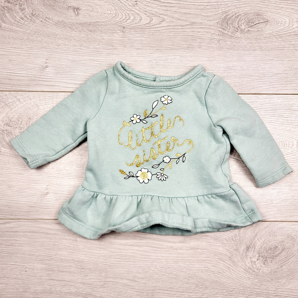 KHEN2 - Child of Mine green fleecy lined "Little Sister" sweatshirt. Size 0-3 months