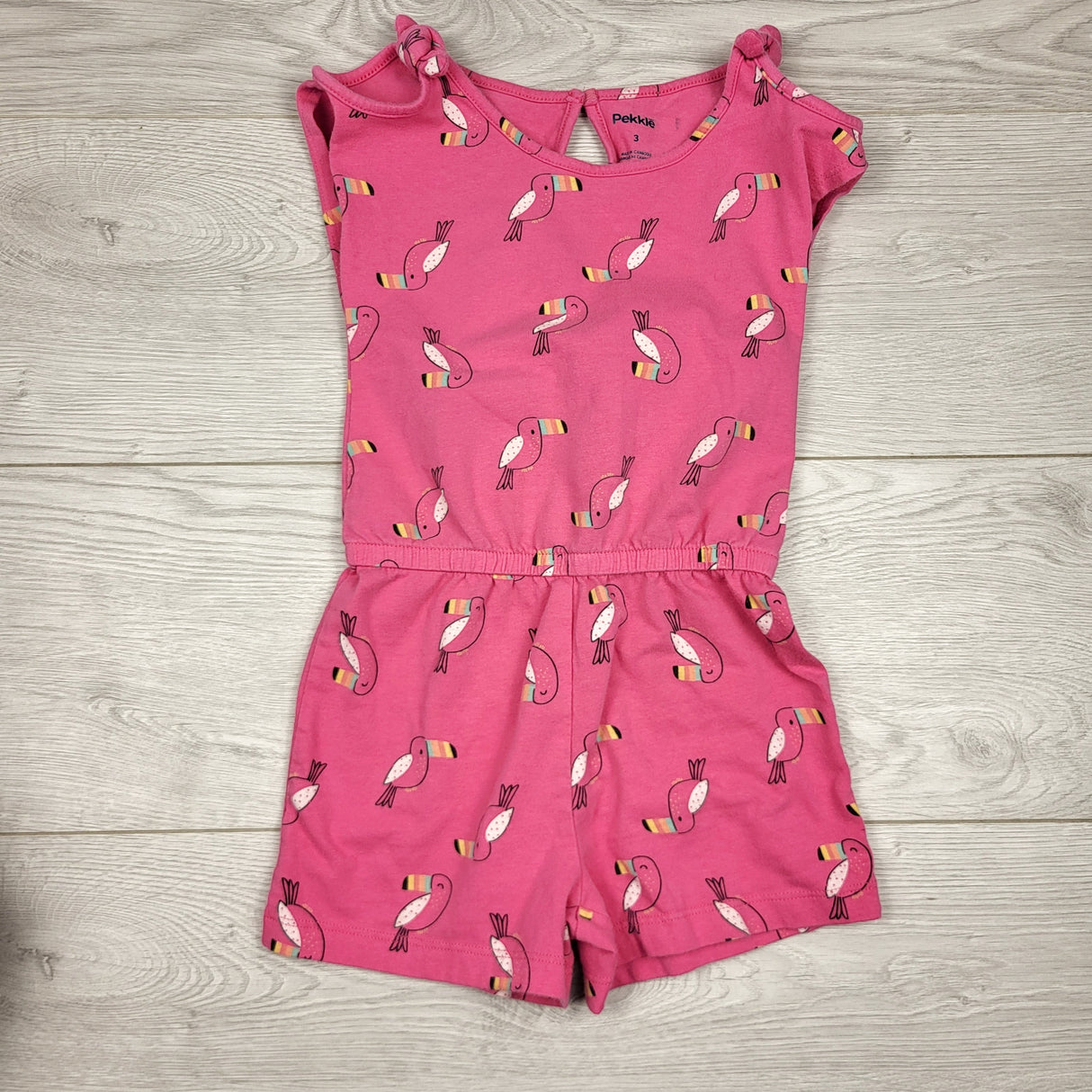 KJHN1 - Pekkle pink cotton romper with toucans. Size 3T