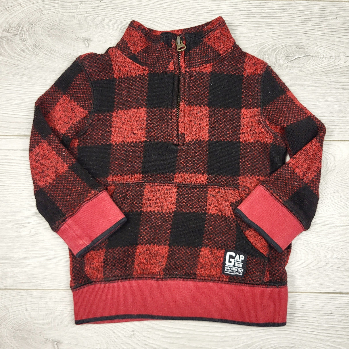 KJHN1 - Gap red buffalo plaid half zip knit pullover. Size 12-18 months