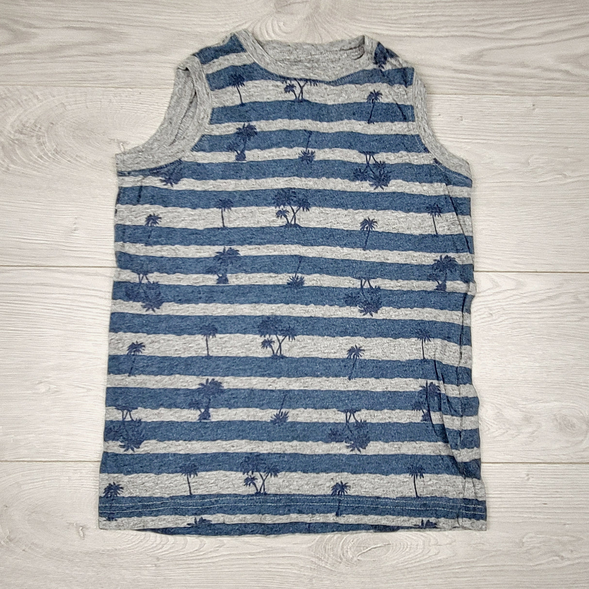 JFAR1 - Joe grey and blue striped tank top with palm trees. Size 4/5T