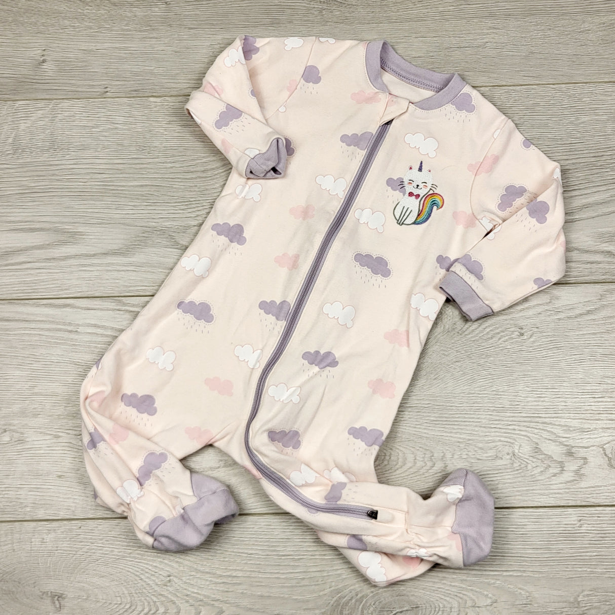 THNG1 - Tuffy pink zippered cotton sleeper with clouds and cat. Size 6 months