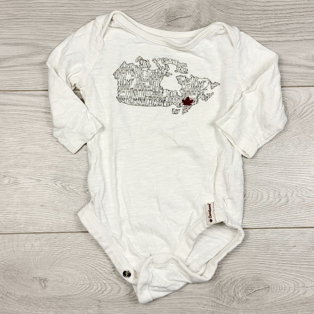 THNG1 - Canadiana white bodysuit with map of Canada. Size 3-6 months