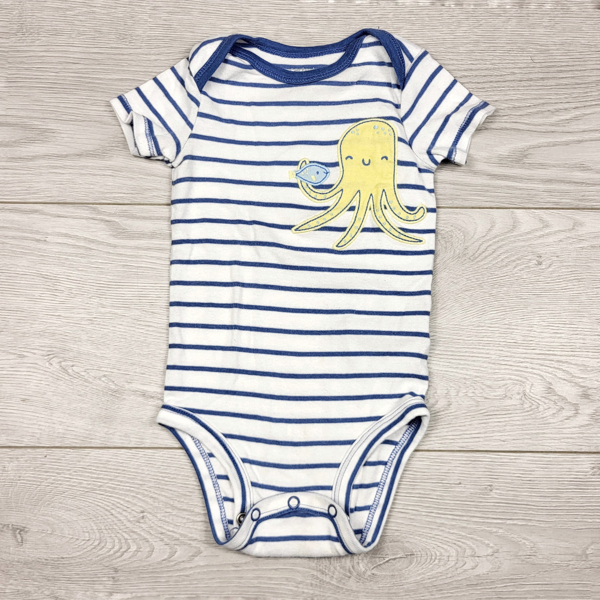 THNG21 - Carters white and blue striped bodysuit with octopus. Size 12 months