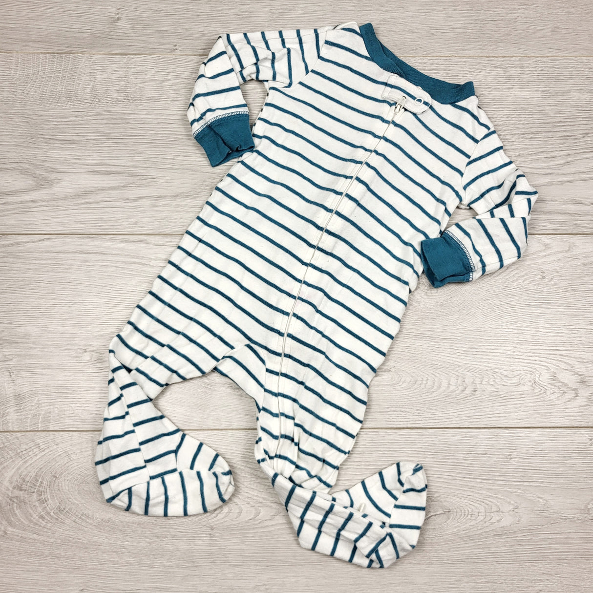 THNG21 - Carters white and teal striped cotton sleeper. Size 9 months