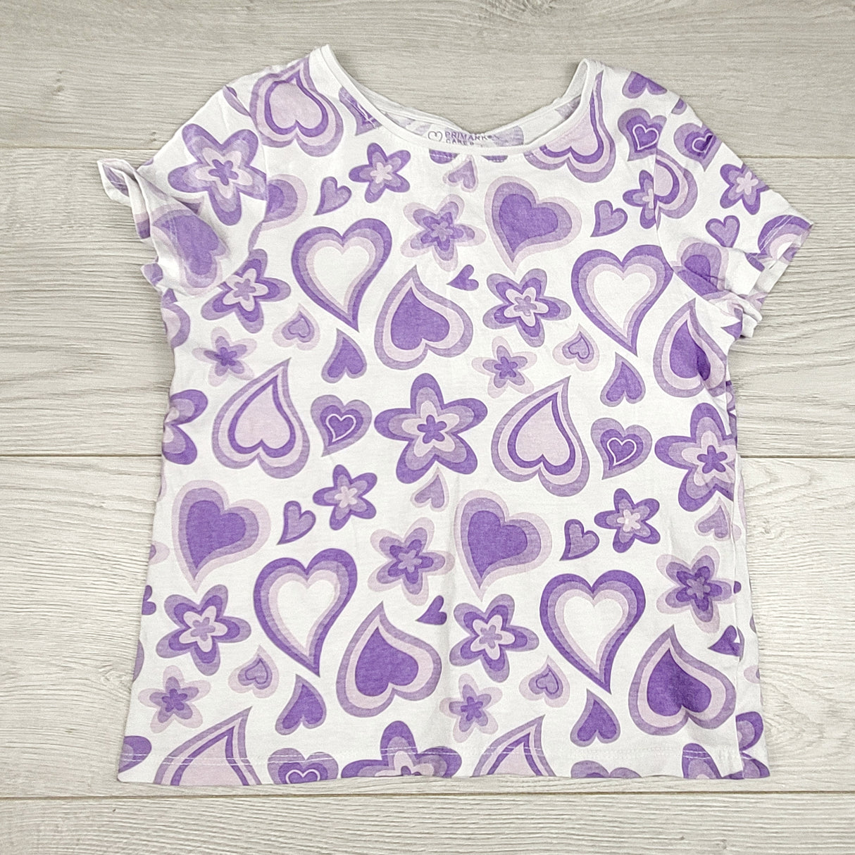 JLSN2 - Primark white and purple t-shirt with hearts. Size 6/7