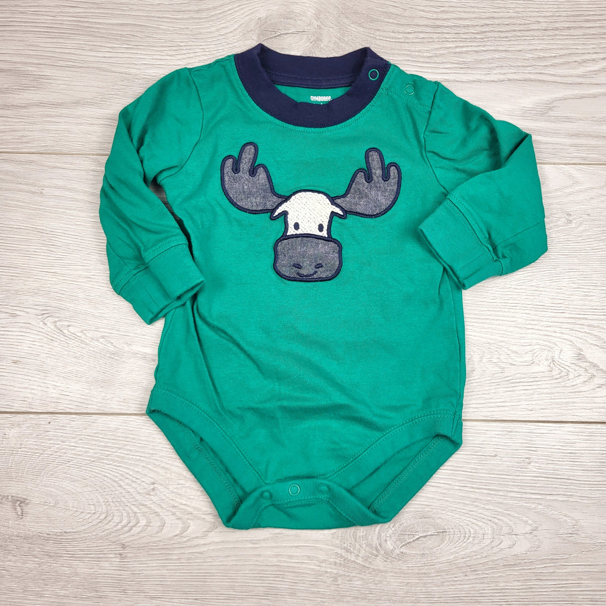 RZA1 - Gymboree green bodysuit with moose. Size 3-6 months