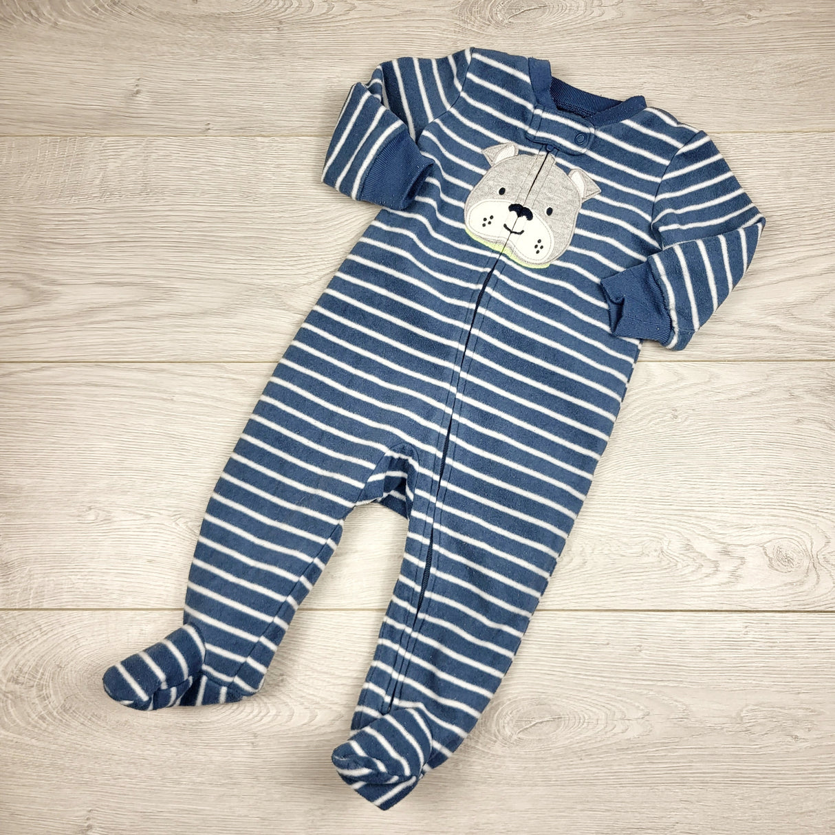 RZA1 - Carters blue and grey striped zippered fleece sleeper with bulldog. Size 6 months