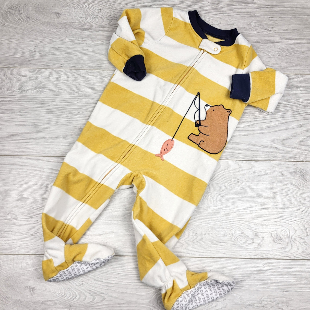 RZA1 - Carters yellow and white striped zippered fleece sleeper with bear. Size 12 months