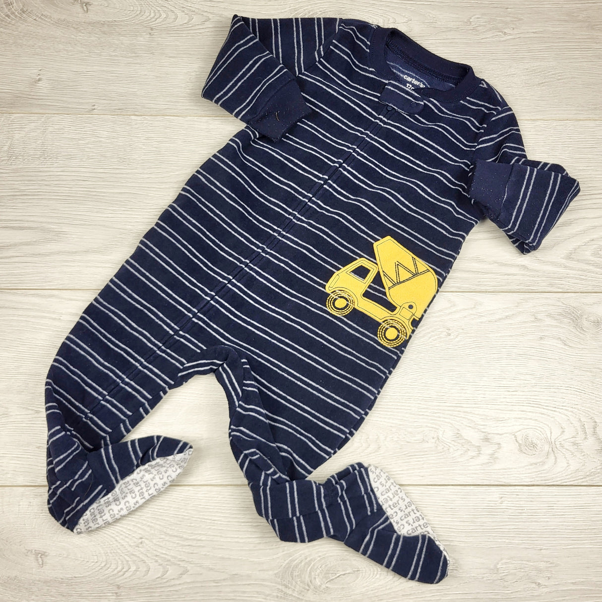 RZA1 - Carters navy striped zippere fleece sleeper with cement truck. Size 12 months