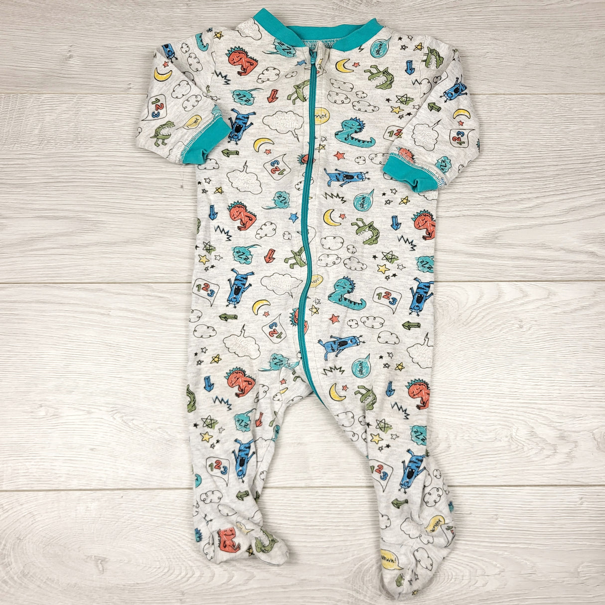 KHEN3 - George grey zippered cotton sleeper with doodles. Size 3-6 months