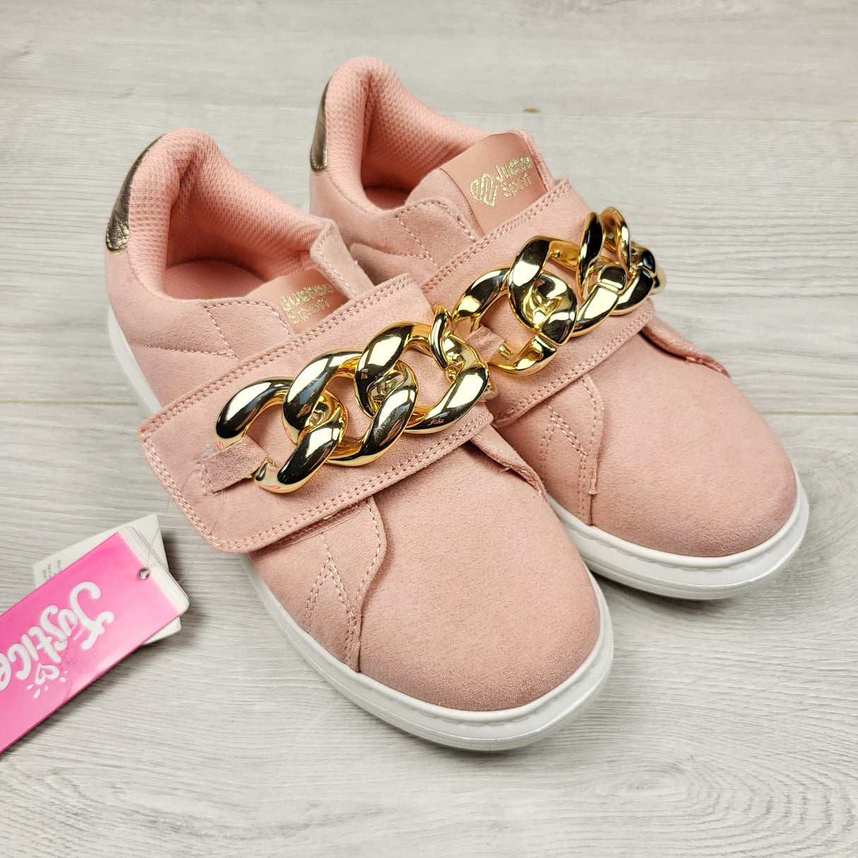 JLSN3 - NEW - Justice pink running shoes with gold buckles. Youth size 1