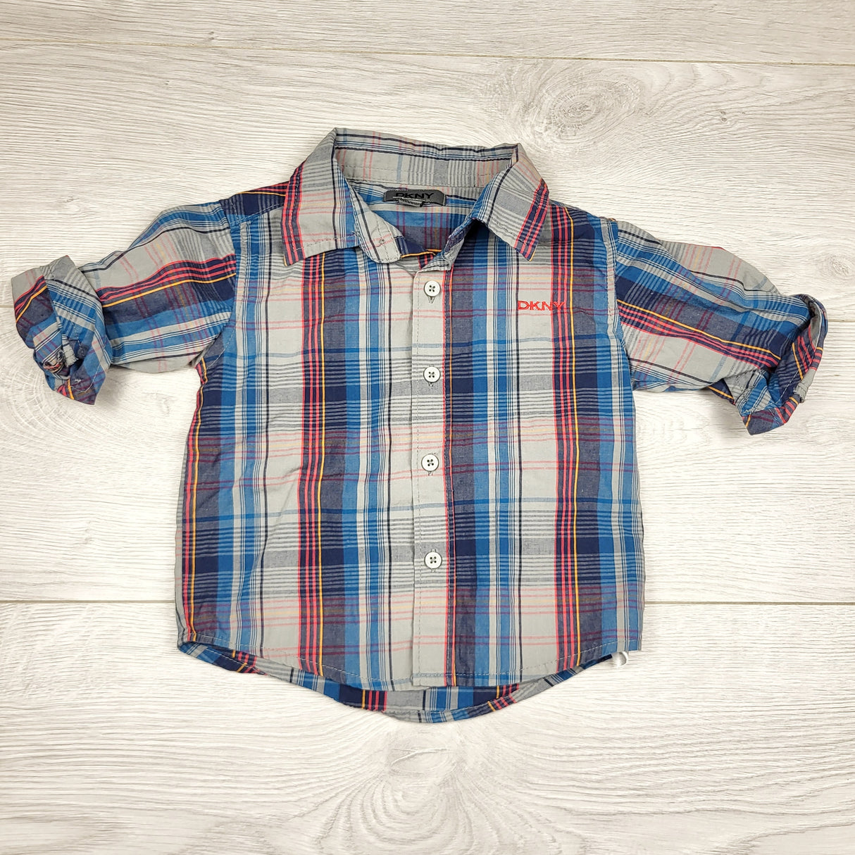 CHFF1 - DKNY grey and blue plaid button down shirt. Size 12 months