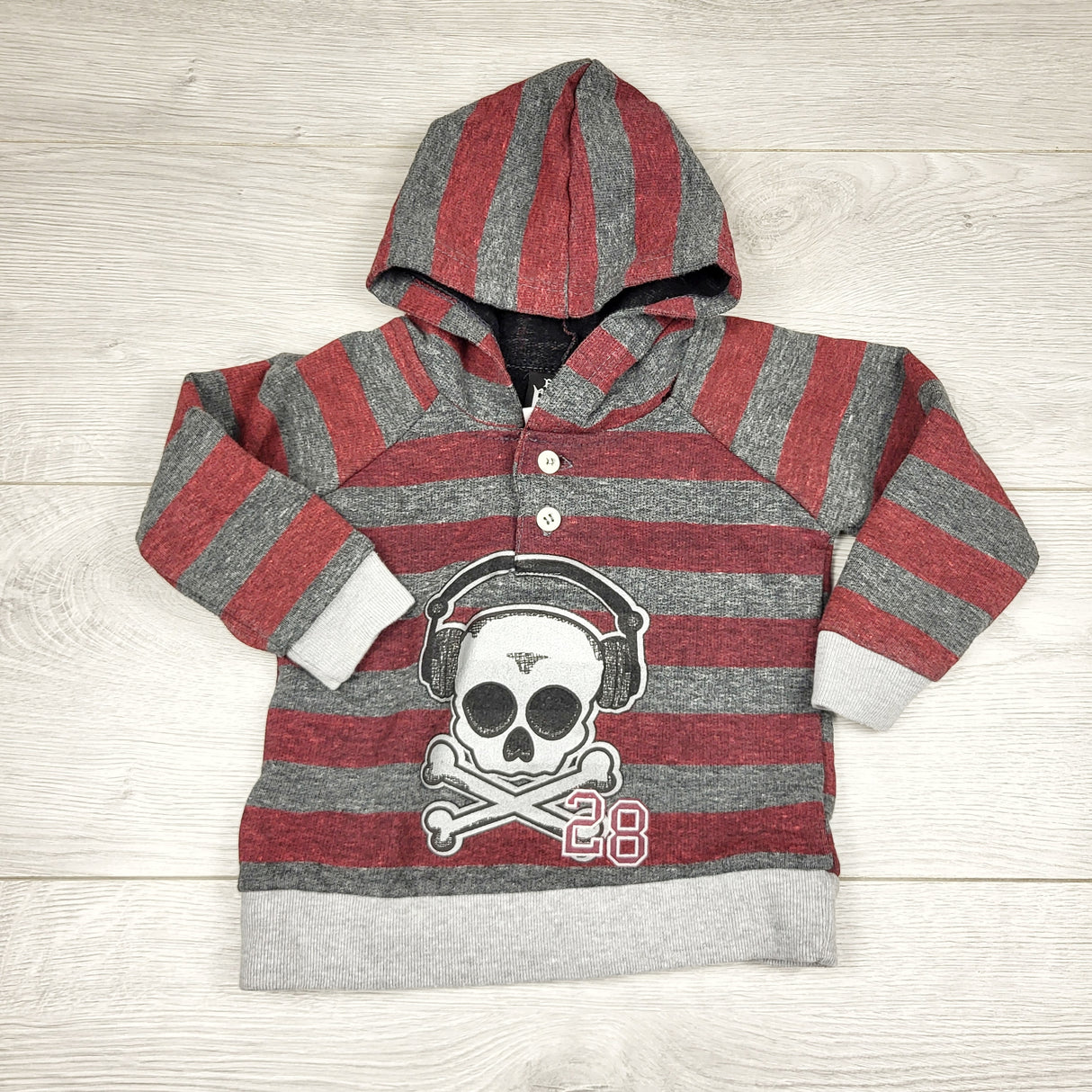 CHFF1 - Boys Rock grey and red striped pullover fleecy lined hoodie with skull. Size 12 months