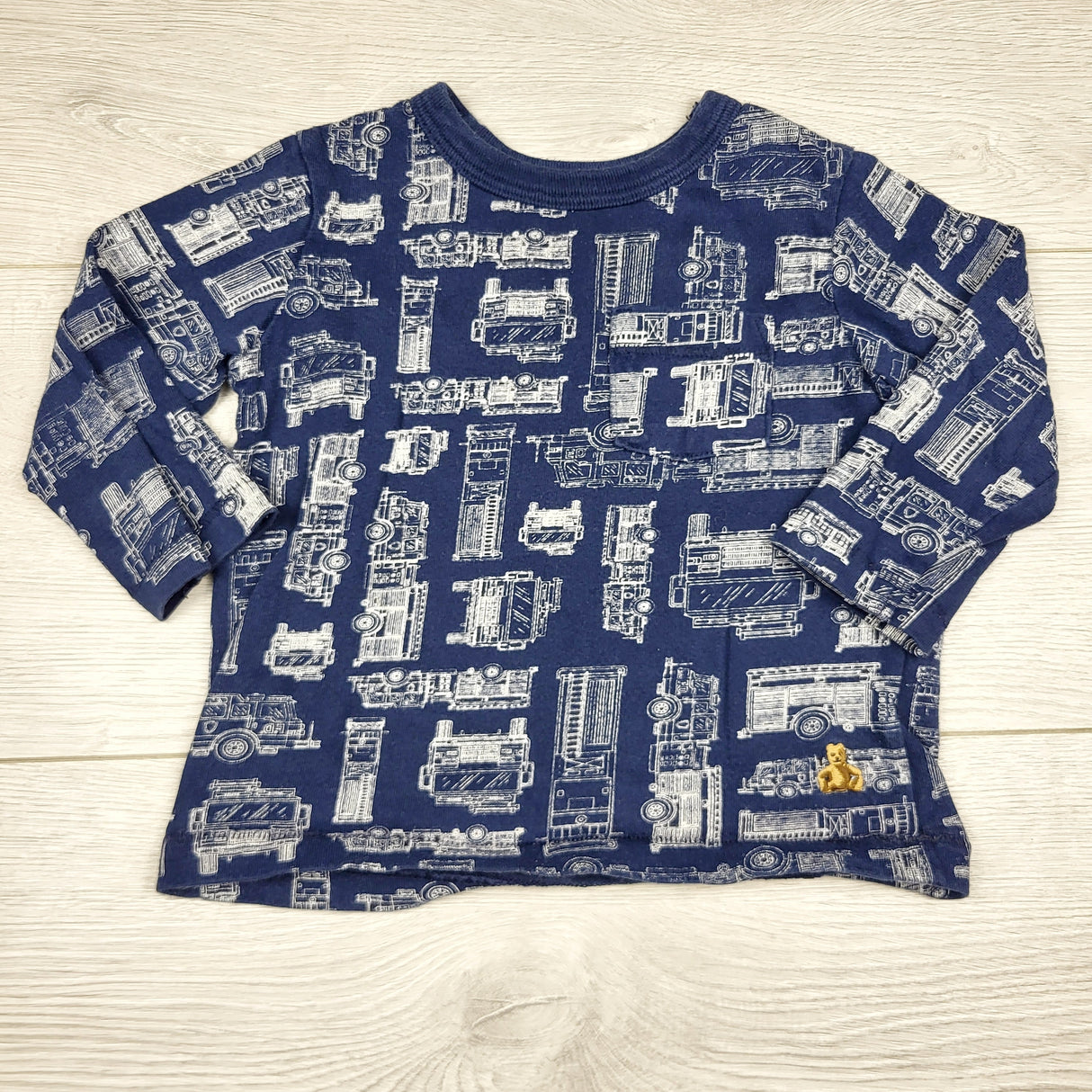 CHFF1 - Gap navy long sleeved top with fire trucks. Size 6-12 months