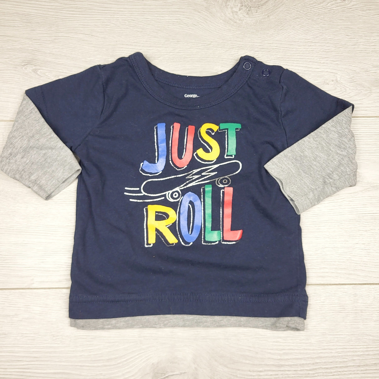 CHFF1 - George navy and grey "Just Roll" fooler shirt. Size 6-12 months