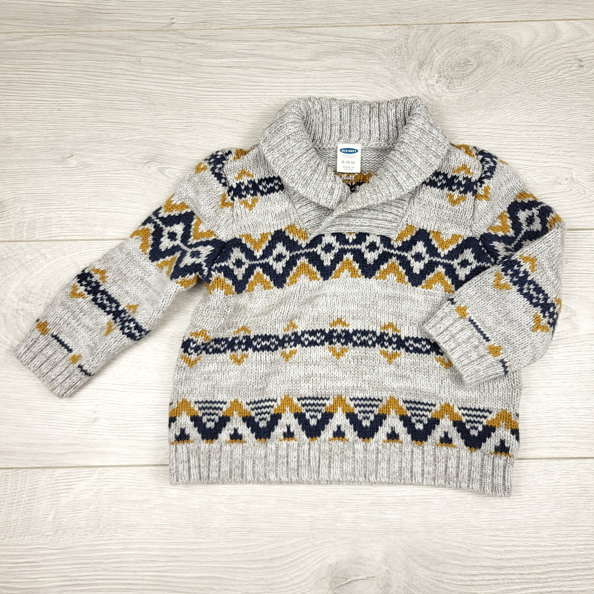 CHFF11 - Old Navy grey and navy patterned pullover sweater. Size 6-12 months