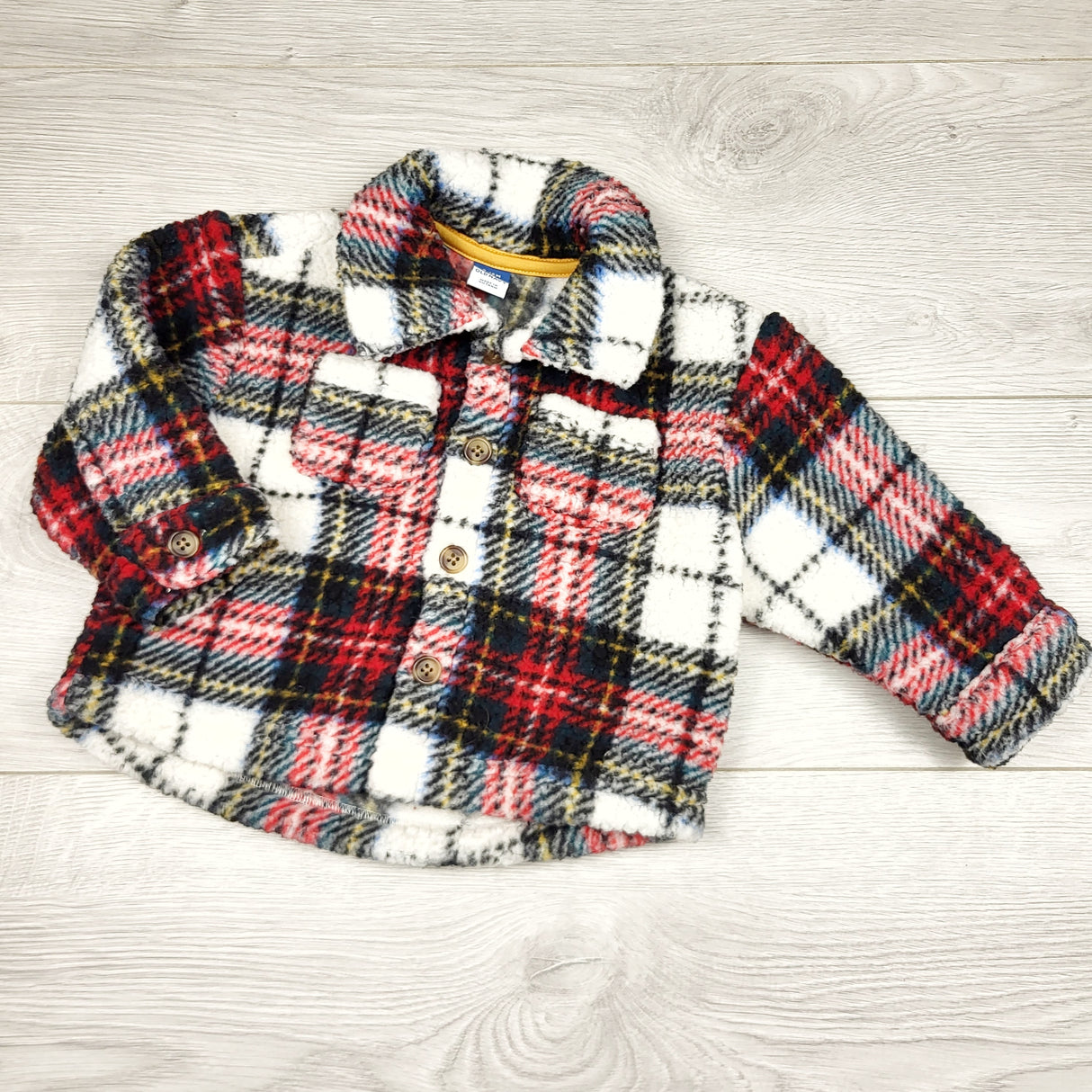 CHFF11 - Old Navy plush plaid button down sherpa style "shacket". Size 6-12 months