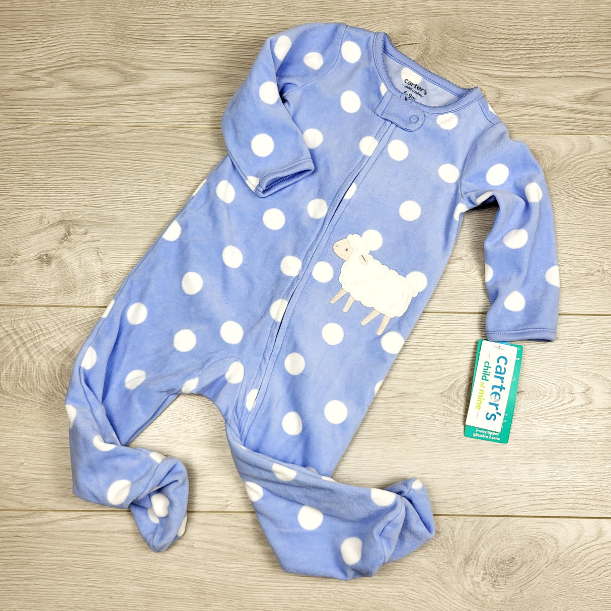 KHEN4 - NEW - Child of Mine blue polka fot fleece sleeper with lamb. Size 6-9 months