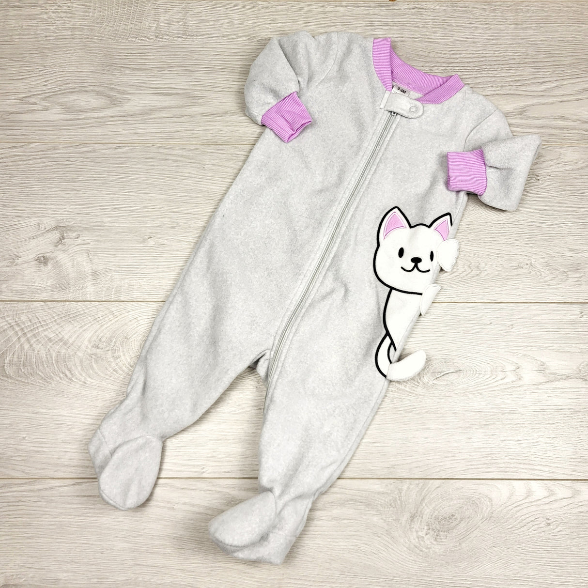 KHEN4 - George grey zippered fleece sleeper with cat. Size 3-6 months