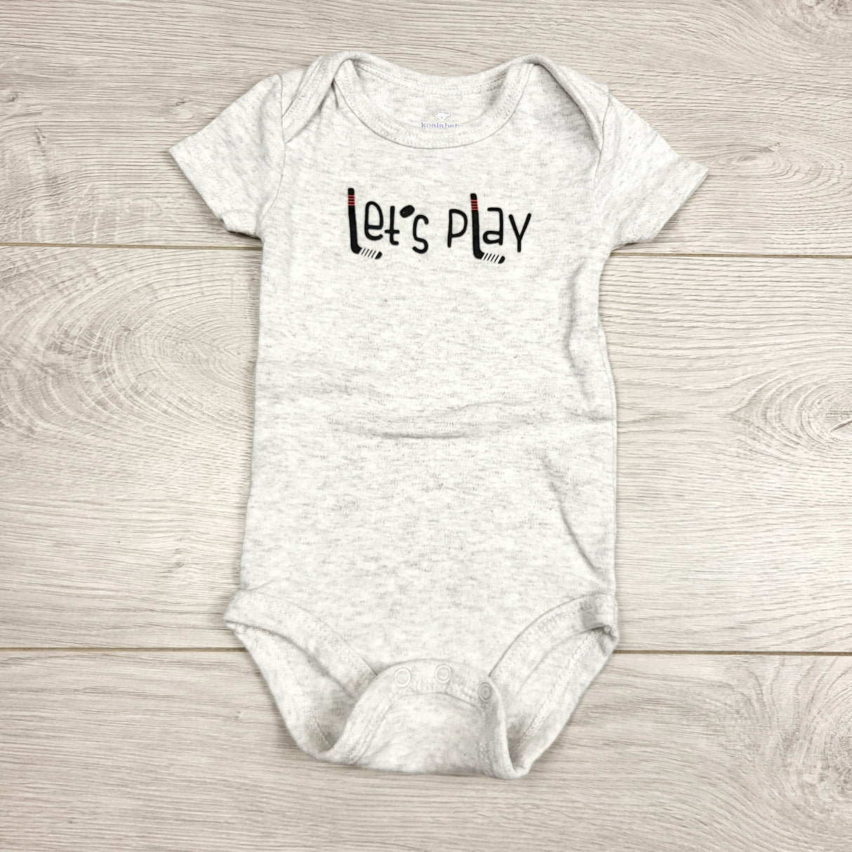 KHEN4 - Koala grey "Let's Play" bodysuit. Size 3-6 months