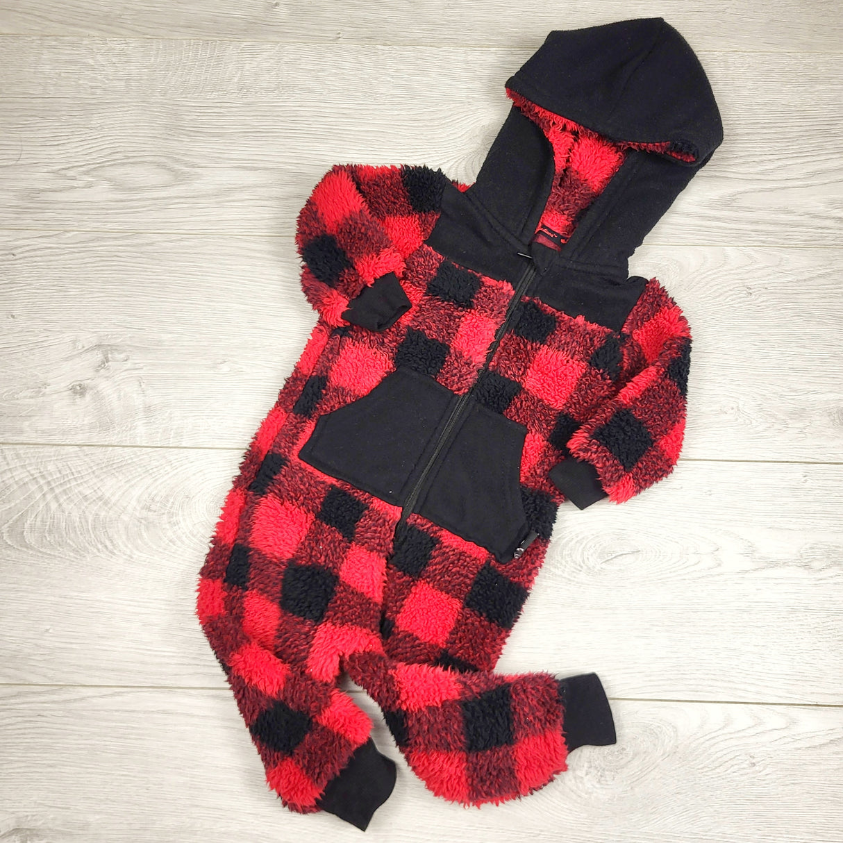 KHEN4 - Canadiana buffalo plaid hooded faux fur romper. Size 6-12 months