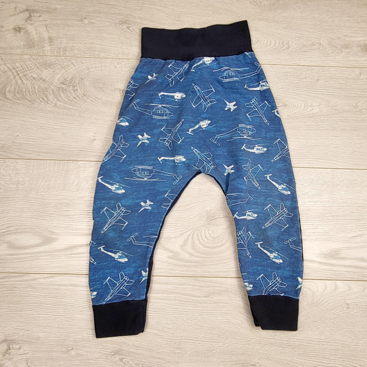 BMAC2 - Blue handmade pants with planes and helicopters. Approx 6-24 months