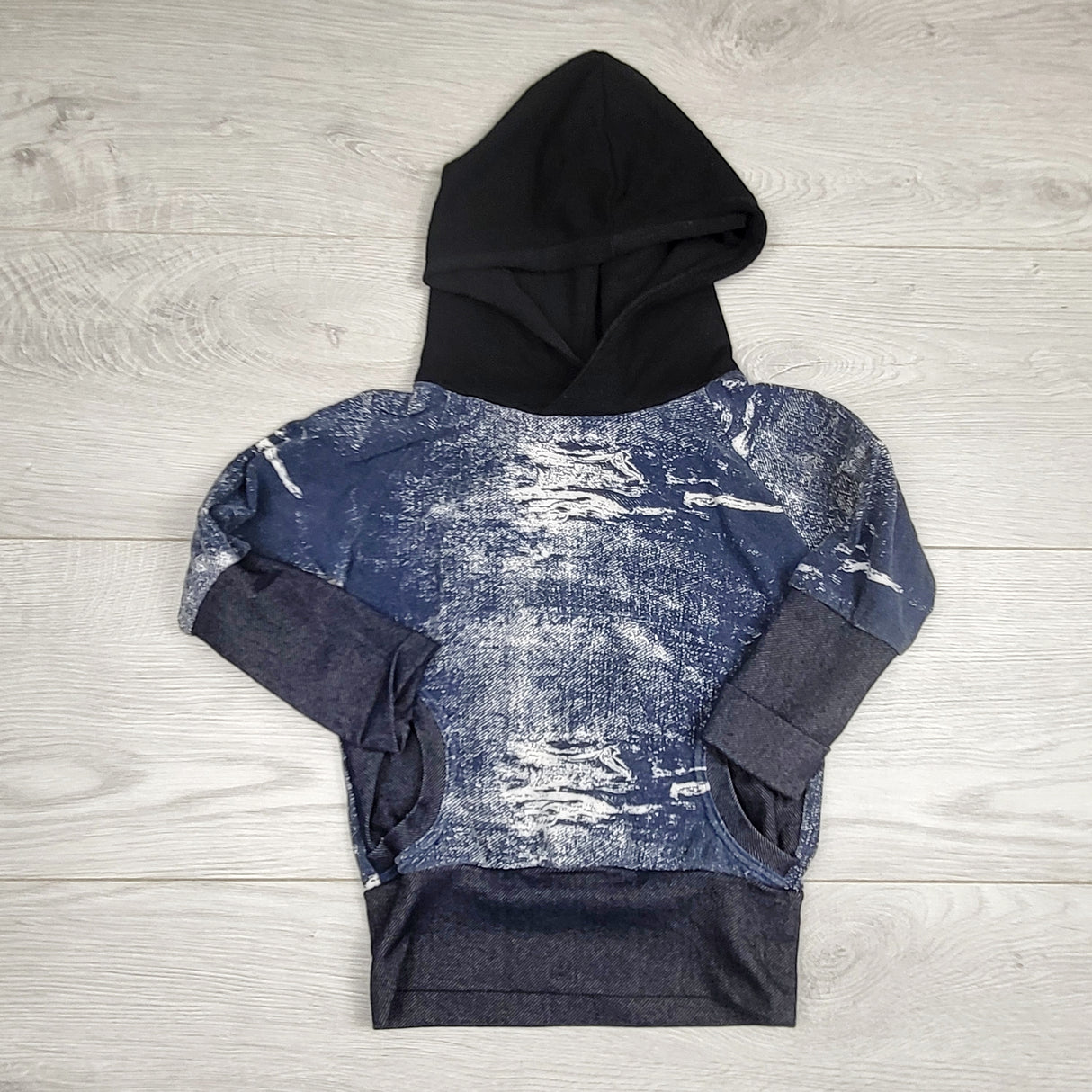 BMAC2 - Blue patterned handmade grow with me hoodie. Approx 12 months to 2T