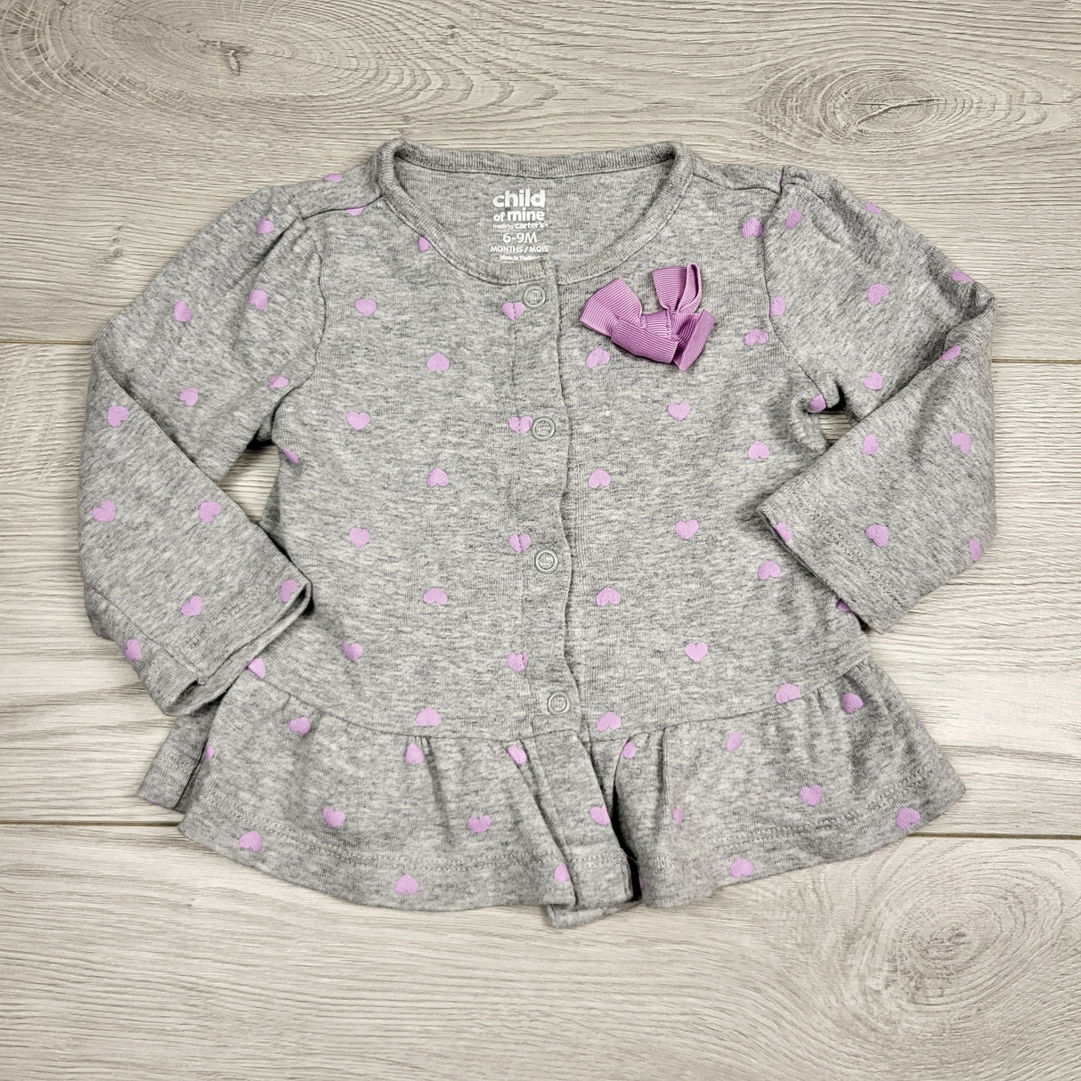 KHEN5 - Child of Mine grey and purple polka dot cotton cardigan with snap buttons. Size 6-9 months