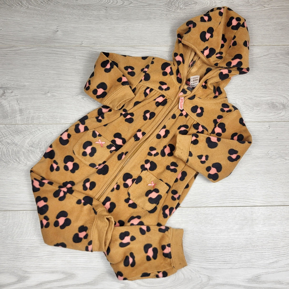 KHEN5 - George tan leopard print hooded fleece romper. Size 12-18 months