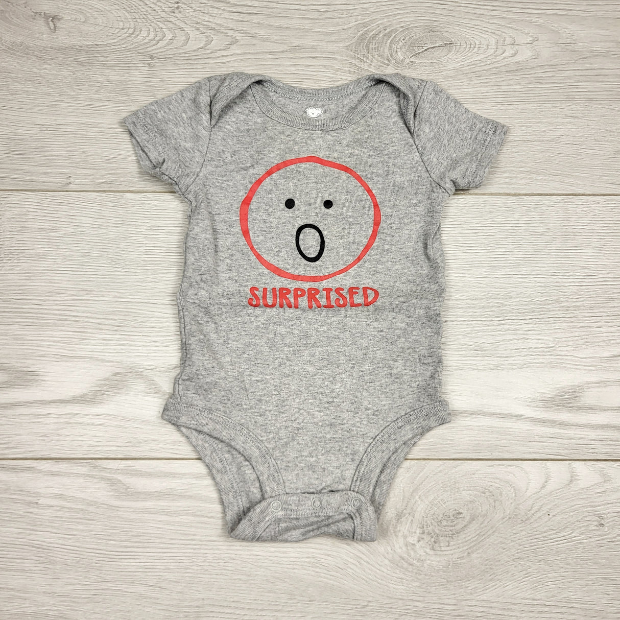 KHEN5 - Koala Baby grey "Surprised" bodysuit. Size 3-6 months