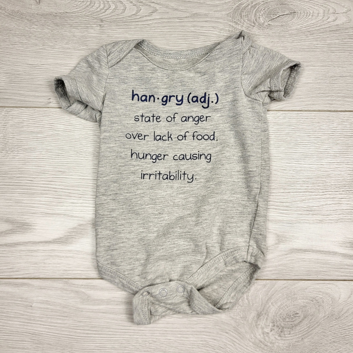 KHEN5- Indigo grey "Hangry" bodysuit. Size 0-3 months