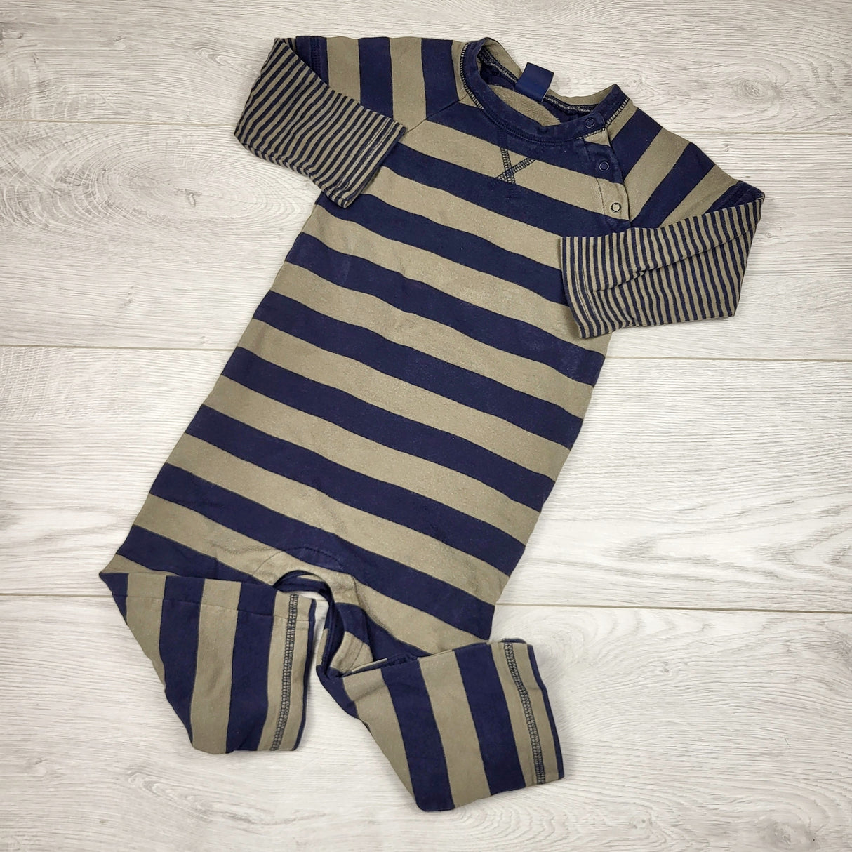 ADRT1 - Gap navy and green striped fleecy lined romper. Size 18-24 months